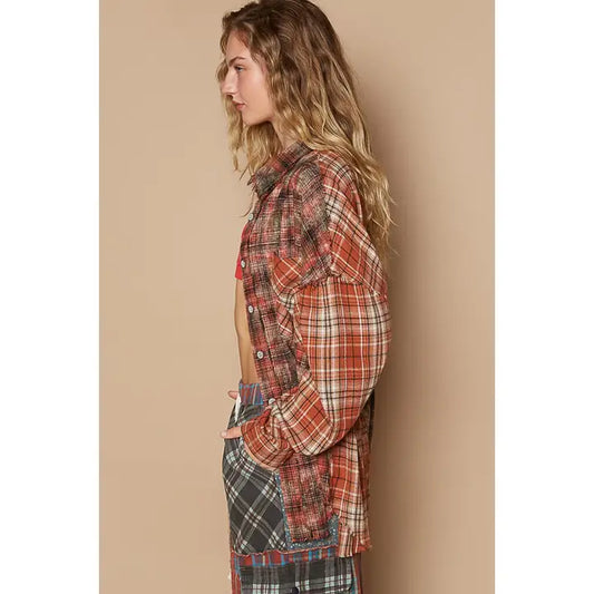 POL Oversized Crochet Back Patch Plaid Shirt