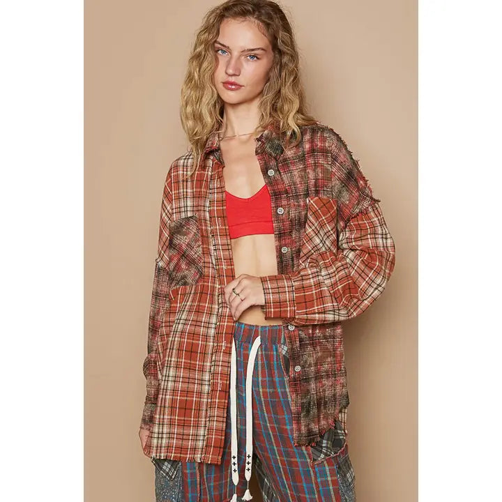 POL Oversized Crochet Back Patch Plaid Shirt