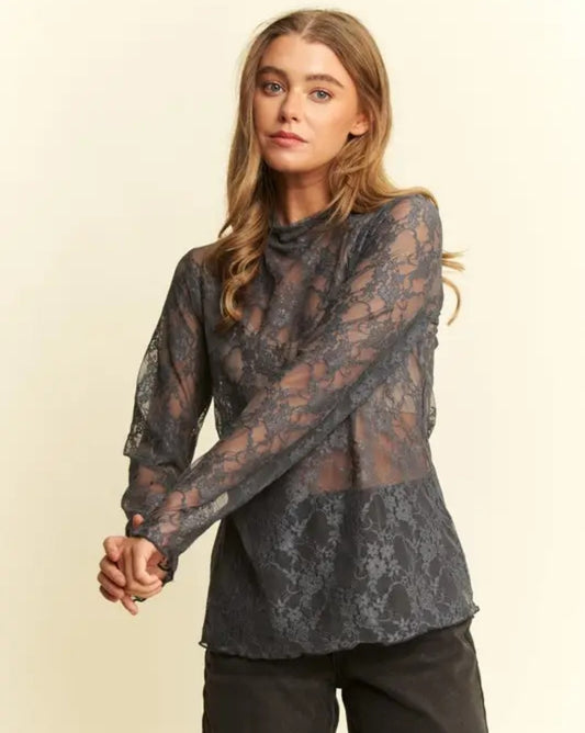 Floral Print Lace Top in Charcoal