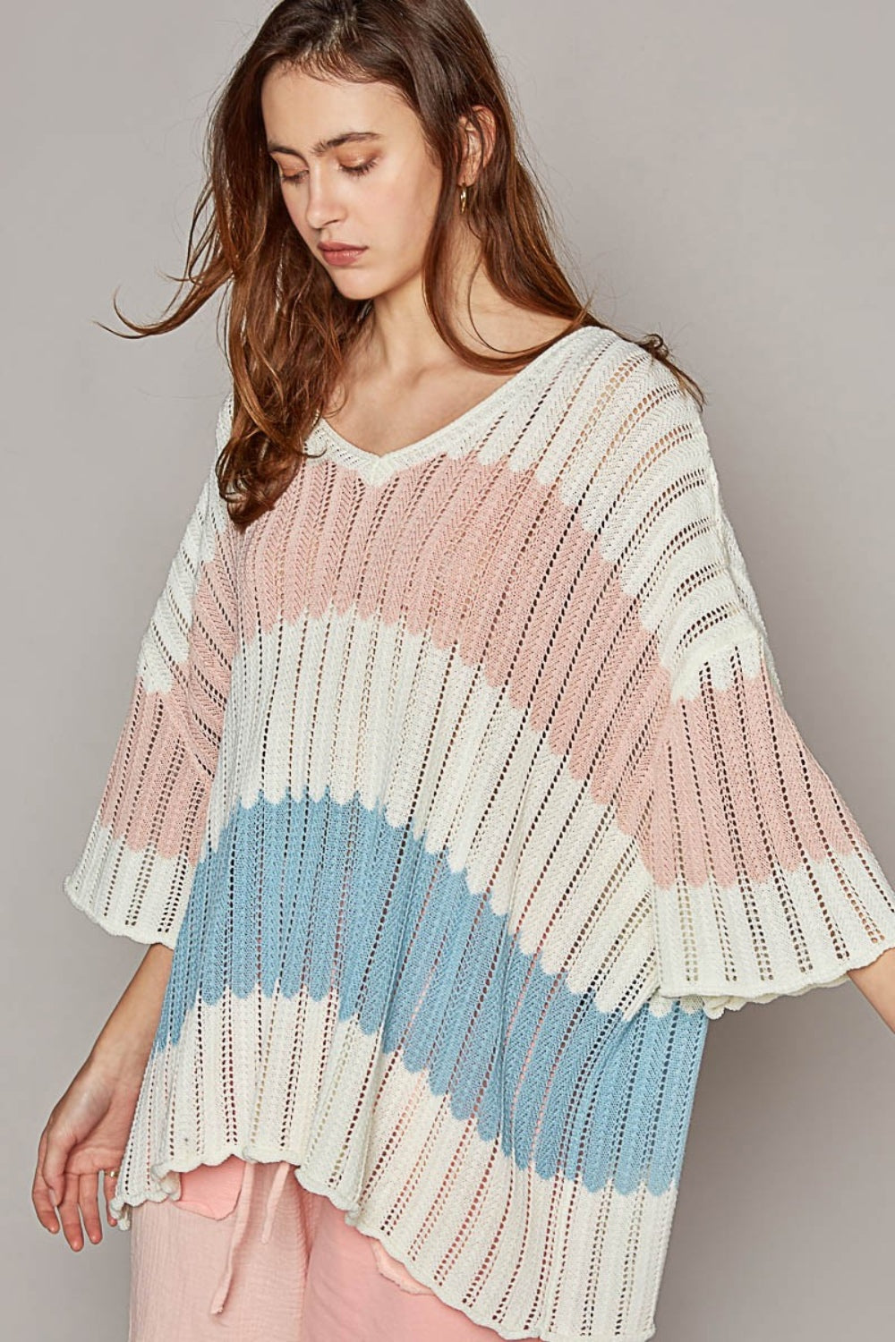 POL V-Neck Short Sleeve Stripe Weave Sweater