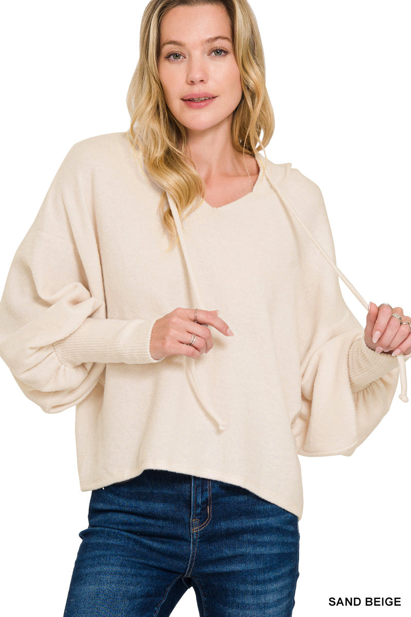 Zenana Soft Brushed Cropped Balloon Sleeve Hoodie