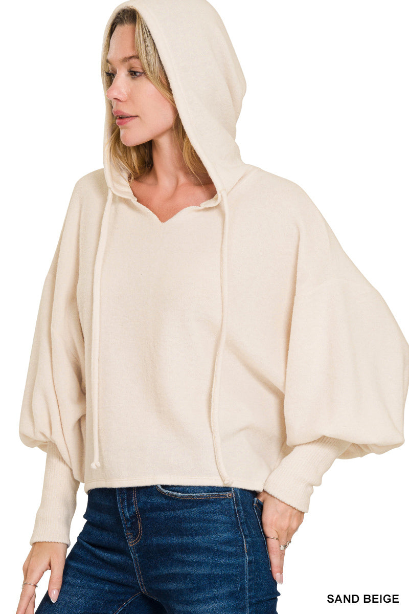 Zenana Soft Brushed Cropped Balloon Sleeve Hoodie