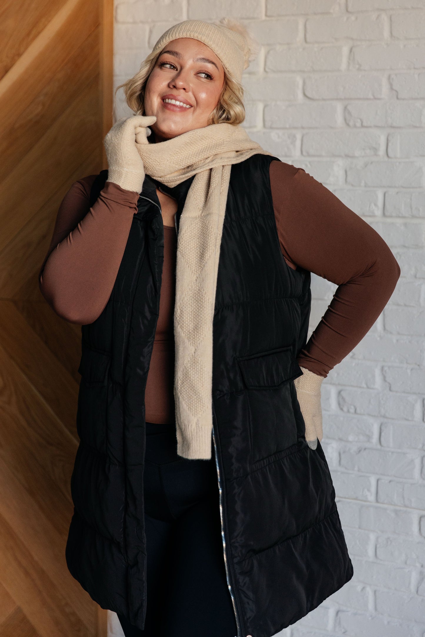 Jane Frost Beanie, Glove, and Scarf Set in Beige