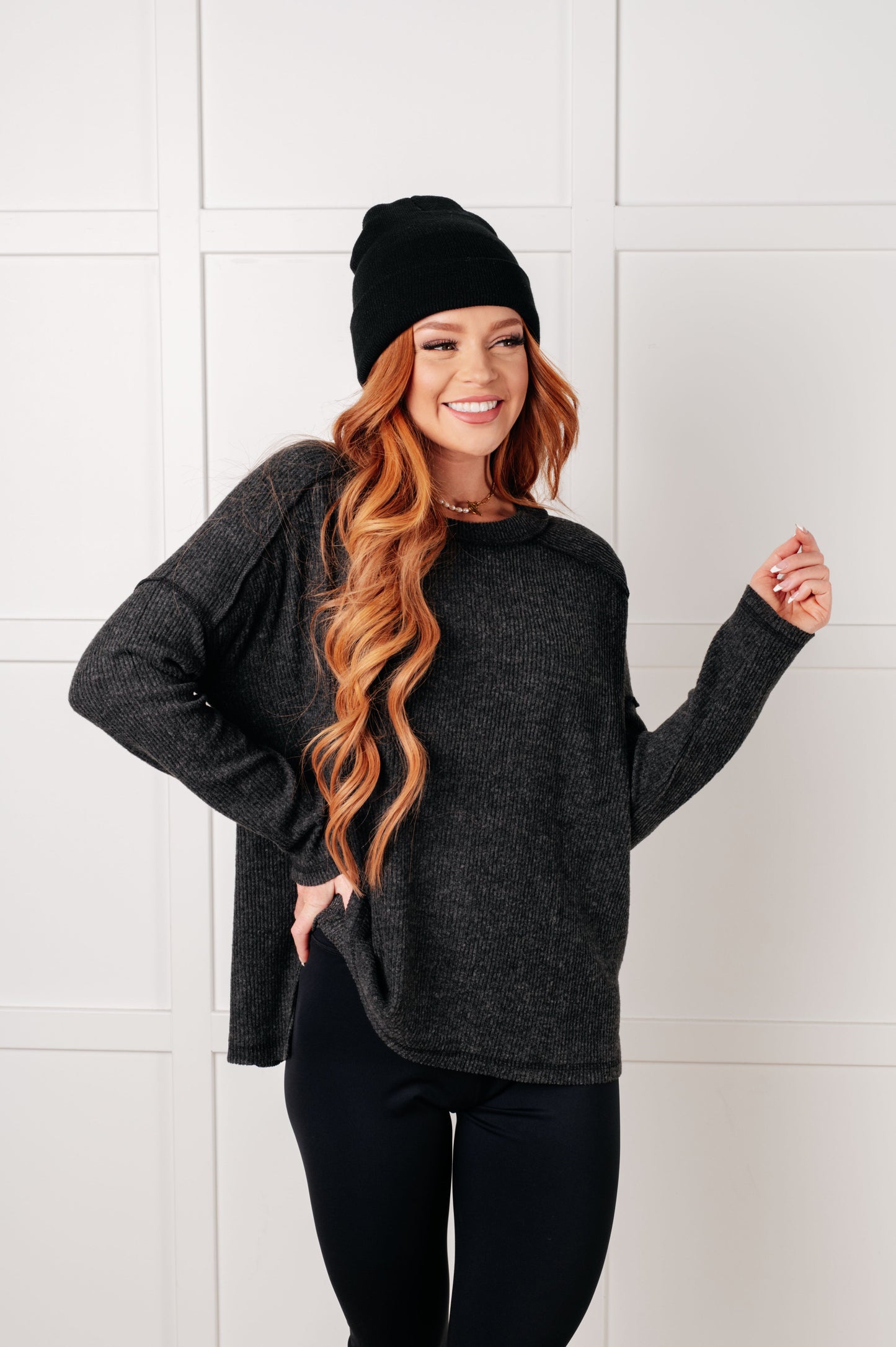 Simply Basic Ribbed Hacci Sweater in Black