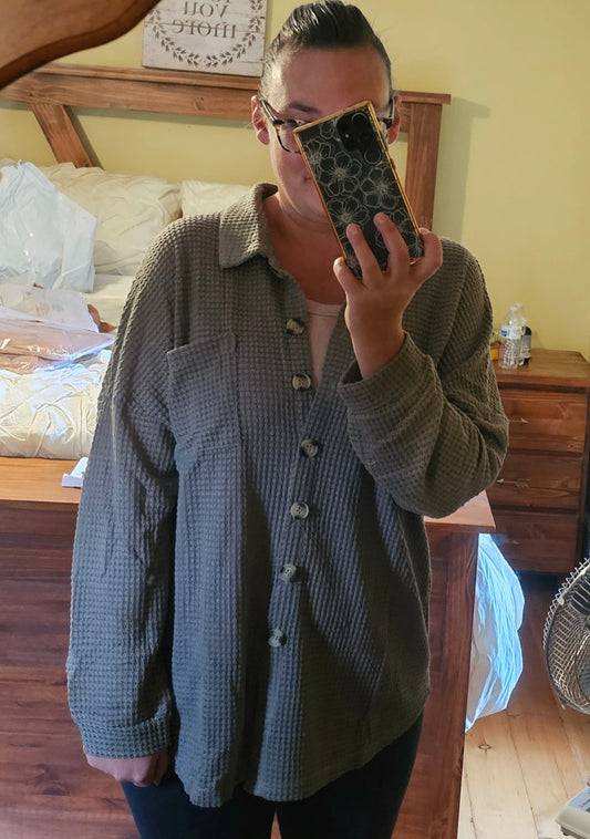 Waffle Knit Button Up in Olive